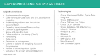 ABOUT US
BUSINESS INTELLIGENCE AND DATA WAREHOUSE
Technologies
• Oracle Warehouse Builder, Oracle Data
Integrator
• Oracle BI Discoverer
• Oracle BI Enterprise Edition
• Oracle OLAP Services
• Oracle Database, MS SQL Server,
Informix, Teradata
• Windows & UNIX
• QlikView
• Microsoft BI
• IBM Cognos 8 BI
• MicroStrategy 9
• SAP Business Objects
Expertise domains
• Business domain analyses
• Data warehouse/Data Marts and ETL development
projecting
• Projecting logical business data model
• Documentation
• Reporting, Analysis and Dashboarding
• Decision support systems
• Query and reporting tools
• Online analytical processing (OLAP)
• Forecasting
• Data mining
• Performance management
• Outline of options for mitigating risks and
dependencies
• Review of technology/tools options
• Delivery of the Design Solution Document
13www.altabel.com
 