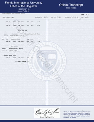 Name: Jadeth Yepez SSN: 594-67-5663 Birthdate: 1973-07-12 Sex: Female
Page 2 of 2
Student ID: 1372708
Undergraduate and Graduate Record
DocID:
TERM GPA : 4.000 TERM TOTALS : 6.00 6.00 24.00
CUM GPA : 3.305 CUM TOTALS : 42.00 42.00 118.98
Good Standing
Spring Term 2006
Course Description Attempted Earned PointsGrade
Session : Regular Academic Session
PAD 6946 Pad Internship 3.00 3.00 A 12.00
SPN 3422 Adv Grammar-Comp I 3.00 3.00 A
TERM GPA : 4.000 TERM TOTALS : 6.00 6.00 12.00
CUM GPA : 3.358 CUM TOTALS : 48.00 48.00 130.98
Good Standing
Program : Health & Urban Aff - Master's
2006-05-19 : Completed Program
2006-05-19 : Public Administration Major:
Graduate Career Totals
CUM GPA : 3.358 CUM TOTALS : 48.00 48.00 130.98
- - - - - End of Transcript - - - - -
-
CopyofOfficialTranscript
-
 