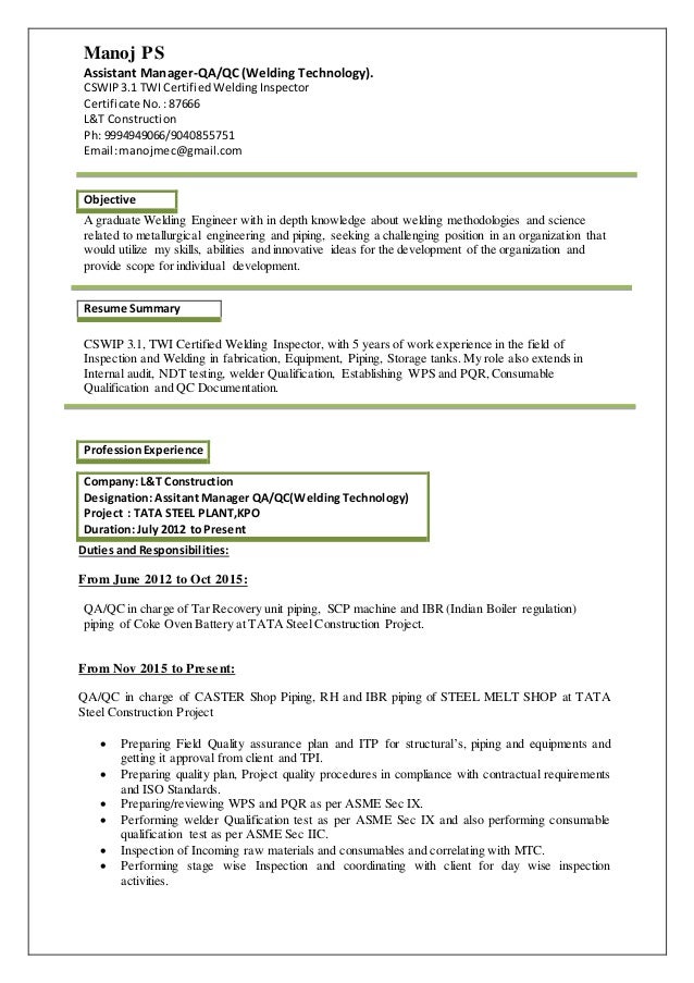 manoj ps welding engineer resume welding engineer resume