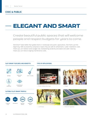 SLOTDRAINSYSTEMS.COM12
CIVIC  PUBLIC
01.4 Market Sector
SLOT DRAIN®
FEATURES AND BENEFITS
SUITABLE SLOT DRAIN®
PROFILE
TYPE OF APPLICATIONS
Slot Drain®
looks better than grated drains in landscape and public applications. But that’s just the
beginning. ADA accessibility compliance means they are safe for wheelchairs. Lower installation costs
means you can redirect some budget now. Outstanding durability and easier and safer cleaning
means you can reduce ongoing maintenance costs.
ELEGANT AND SMART
Create beautiful public spaces that will welcome
people and respect budgets for years to come.
— Public Safety Buildings
— Landscape
— Plazas
— Roads  Highways
DURABLE EASY TO CLEAN
LOAD CLASS
RATED
ADA
COMPLIANT
AESTHETICALLY
APPEALING
STAINLESS
STEEL
GALVANIZED SHALLOW
PROFILE
LANDSCAPE /
BRICK
 