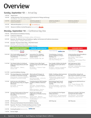 7:00 AM Refreshments  Exhibition Viewing
8:15 AM Conference Welcome
Lloyd Adams - National Vice President, Utilities, SAP America
8:30 AM Keynote: The Ultimate State of Readiness: Agility, Performance  Predictive Innovations
Jennifer Morgan - President, SAP America
9:15 AM Keynote: The Exact Same Thing…Only Much Faster
Brian Rich - CIO, Consumers Energy
10:00 AM Morning Refreshment Break  Exhibition Viewing
Reimagining the Business Financial Transformation Customer Centricity Leveraging Assets
Track Chaired by Track Chaired by Track Chaired by Track Chaired by
10:50 AM The Predictability Horizon: The
Emergence of SAP HANA as a
Time Machine
Dr. Steven Pratt - CTO, CenterPoint
Energy
Innovations for a Modern
Finance Organization: SAP
Simple Finance
Executive Speaker TBD, SAP
Transitioning a Customer
Service Platform at Pepco
Holdings, Inc.
Hallie M. Reese - VP, Customer
Care, Pepco Holdings, Inc.
Achieving Operational Excellence
in a Data Driven World
Rory Shaffer - Utility Solution
Manager, SAP
Len Harms - Chief Strategy Officer,
Vesta Partner
11:35 AM The Digital Utility Era Defined:
Steps in Forging Ahead with SAP
S/4HANA
Peter Schonaerts - Delivery
Director, SAP
It Makes Cents: Why Puget
Sound Energy Chose SAP Simple
Finance
Rex Pietzyk - IT Director, Puget
Sound Energy
How Smaller Utilities Get Ready
for AMI  Growth with SAP in
the Cloud
BJ Flowers - Director, Competitive
Compliance, Sharyland Utilities
SAP EAM Master Data:
Compliance is the Key!
Jeff Smith - EAM Business Process
Analyst, Fairfax Water
12:15 PM Lunch  Exhibition Viewing
1:25 PM The Great Migration: Getting BW
on HANA at Consumers Energy
Dinesh Bansal - Business Intelligence
 Analytics, Consumers Energy
Why be Bored? Mergers 
Acquisitions Fun at Peoples
Natural Gas!
Ruth DeLost-Wylie - SVP  CIO,
Peoples Natural Gas
PANEL: Enabling a Rich Customer
Experience with SAP MCF
Moderated by: Juergen Kuhmann
- Solution Management Expert,
Utilities, SAP
Driving Safety, Integrity 
Operational Excellence at PGE
Paul Caffery - Director, Technology,
Strategy  Solutions, PGE
2:10 PM Early Success with HANA at
Eby-Brown Paves Way for Digital
Movement
Kevin Reilly - Former CIO,
Eby-Brown, Inc.
Transitioning the FERC Module
to FERC on HANA at National
Grid
Vikki Pope - Program Delivery
Manager, Corporate IS, National
Grid
William Donoghue - Director,
Finance EBS, National Grid
Redesigning Puget Sound
Energy’s Bill—a Two-Year
Journey
Kristina McClenahan - Supervisor,
Business Technology, Puget Sound
Energy
Mobilizing the EAM Workforce
at NRG
Jia Xu - Project Manager, NRG
Bill Padula - CTO, Mobility, HCL
2:55 PM Connect Dark Assets to Discover
the Value of the Internet of
Everything
Joseph Bradley - Vice President,
IoE Global Practice, Cisco Consulting
Services
Knock Your Socks off
Collections at Pinellas County
Utilities
Jolanda Jordan - Revenue
Management Supervisor, Pinellas
County Utilities
Are You Ready for the Digital
Utility Business?
Dr. Zarko Sumic - VP, Distinguished
Analyst, Energy  Utilities, Gartner
Wireman on Assets: The Good,
the Bad  the ISO-55000
Terry Wireman - SVP, Strategic
Development, Vesta Partners
3:35 PM SAP Wrap Up SAP Wrap Up SAP Wrap Up SAP Wrap Up
3:45 PM Afternoon Refreshment Break  Exhibition Viewing
4:30 PM Keynote: The Power of Understanding Customer Trends
Jeff Conklin - Senior Director, Energy  Utilities, J.D. Power			
5:30 PM Evening Reception Sponsored by:
7:30 PM Partner Night
Monday, September 14 — Conference Day One
Overview
2:00 PM Registration
5:00 PM Sunday Keynote: The Convergence of the Internet of Things and Energy
Tom Raftery - Principal Analyst, RedMonk
5:45 PM ASUG Roundtable 1
Predictive Analytics
ASUG Roundtable 2
Operational Readiness
ASUG Roundtable 3
The Customer
ASUG Roundtable 4
Asset Management
6:45 PM Welcome Reception Sponsored by:
7:45 PM Women in Utilities Cocktail Reception Sponsored by:
Sunday, September 13 — Arrival Day
6 September 13-16, 2015 | Hyatt Regency, Huntington Beach, California
 