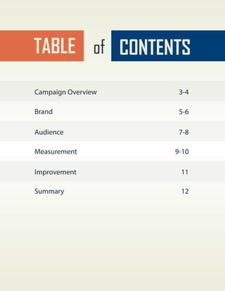 Brand
TABLE of CONTENTS
Campaign Overview 3-4
5-6
Audience 7-8
Measurement 9-10
Improvement 11
Summary 12
 