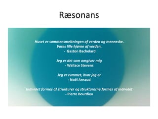 Ræsonans
Huset er sammensmeltningen af verden og menneske.
Vores lille hjørne af verden.
- Gaston Bachelard
Jeg er det som omgiver mig
- Wallace Stevens
Jeg er rummet, hvor jeg er
- Noël Arnaud
Individet formes af strukturer og strukturerne formes af individet
- Pierre Bourdieu
 
