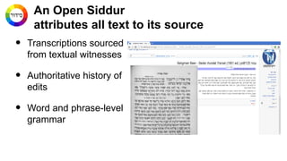 An Open Siddur
attributes all text to its source

•

Transcriptions sourced
from textual witnesses

•

Authoritative histo...