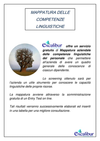 MAPPATURA DELLE
COMPETENZE
LINGUISTICHE
offre un servizio
gratuito di Mappatura aziendale
delle competenze linguistiche
del personale che permettere
all’azienda di avere un quadro
generale delle conoscenze di
ciascun dipendente.
Lo screening ottenuto sarà per
l’azienda un utile strumento per conoscere le capacità
linguistiche delle proprie risorse.
La mappatura avviene attraverso la somministrazione
gratuita di un Entry Test on line.
Tali risultati verranno successivamente elaborati ed inseriti
in una tabella per una migliore consultazione.
 