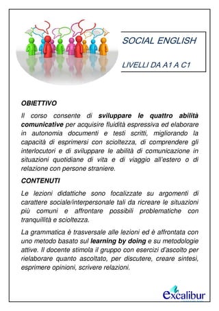 SOCIAL ENGLISH
LIVELLI DA A1 A C1
OBIETTIVO
Il corso consente di sviluppare le quattro abilità
comunicative per acquisire fluidità espressiva ed elaborare
in autonomia documenti e testi scritti, migliorando la
capacità di esprimersi con scioltezza, di comprendere gli
interlocutori e di sviluppare le abilità di comunicazione in
situazioni quotidiane di vita e di viaggio all’estero o di
relazione con persone straniere.
CONTENUTI
Le lezioni didattiche sono focalizzate su argomenti di
carattere sociale/interpersonale tali da ricreare le situazioni
più comuni e affrontare possibili problematiche con
tranquillità e scioltezza.
La grammatica è trasversale alle lezioni ed è affrontata con
uno metodo basato sul learning by doing e su metodologie
attive. Il docente stimola il gruppo con esercizi d’ascolto per
rielaborare quanto ascoltato, per discutere, creare sintesi,
esprimere opinioni, scrivere relazioni.
 