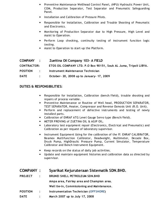 maintenance duties resume
