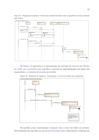 67
Figura 18 – Diagrama de sequência - Coleta bem sucedida dos dados sobre a superfície do trajeto realizado
pelo usuário
Na Figura 19 apresenta-se a representação da execução do caso de uso Visuali-
zar dados não transmitidos que especifica o processo de disponibilização dos dados não
transmitidos e a tentativa de re-envio ao servidor.
Figura 19 – Diagrama de sequência - Visualização e re-envio de dados não transmitidos
Os modelos acima representados terminam com o envio dos dados ao servidor,
funcionalidade esta especifica no caso de uso Transmitir dados. Basicamente é utilizado um
 
