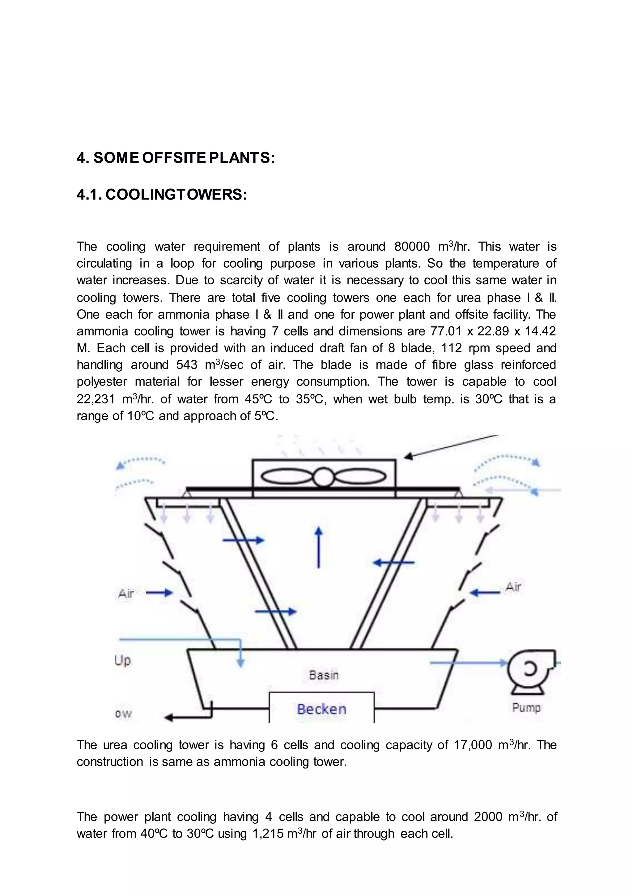 4. SOME OFFSITE PLANTS:
4.1. COOLINGTOWERS:
The cooling water requirement of plants is around 80000 m3/hr. This water is
circulating in a loop for cooling purpose in various plants. So the temperature of
water increases. Due to scarcity of water it is necessary to cool this same water in
cooling towers. There are total five cooling towers one each for urea phase I & II.
One each for ammonia phase I & II and one for power plant and offsite facility. The
ammonia cooling tower is having 7 cells and dimensions are 77.01 x 22.89 x 14.42
M. Each cell is provided with an induced draft fan of 8 blade, 112 rpm speed and
handling around 543 m3/sec of air. The blade is made of fibre glass reinforced
polyester material for lesser energy consumption. The tower is capable to cool
22,231 m3/hr. of water from 45ºC to 35ºC, when wet bulb temp. is 30ºC that is a
range of 10ºC and approach of 5ºC.
The urea cooling tower is having 6 cells and cooling capacity of 17,000 m3/hr. The
construction is same as ammonia cooling tower.
The power plant cooling having 4 cells and capable to cool around 2000 m3/hr. of
water from 40ºC to 30ºC using 1,215 m3/hr of air through each cell.
 