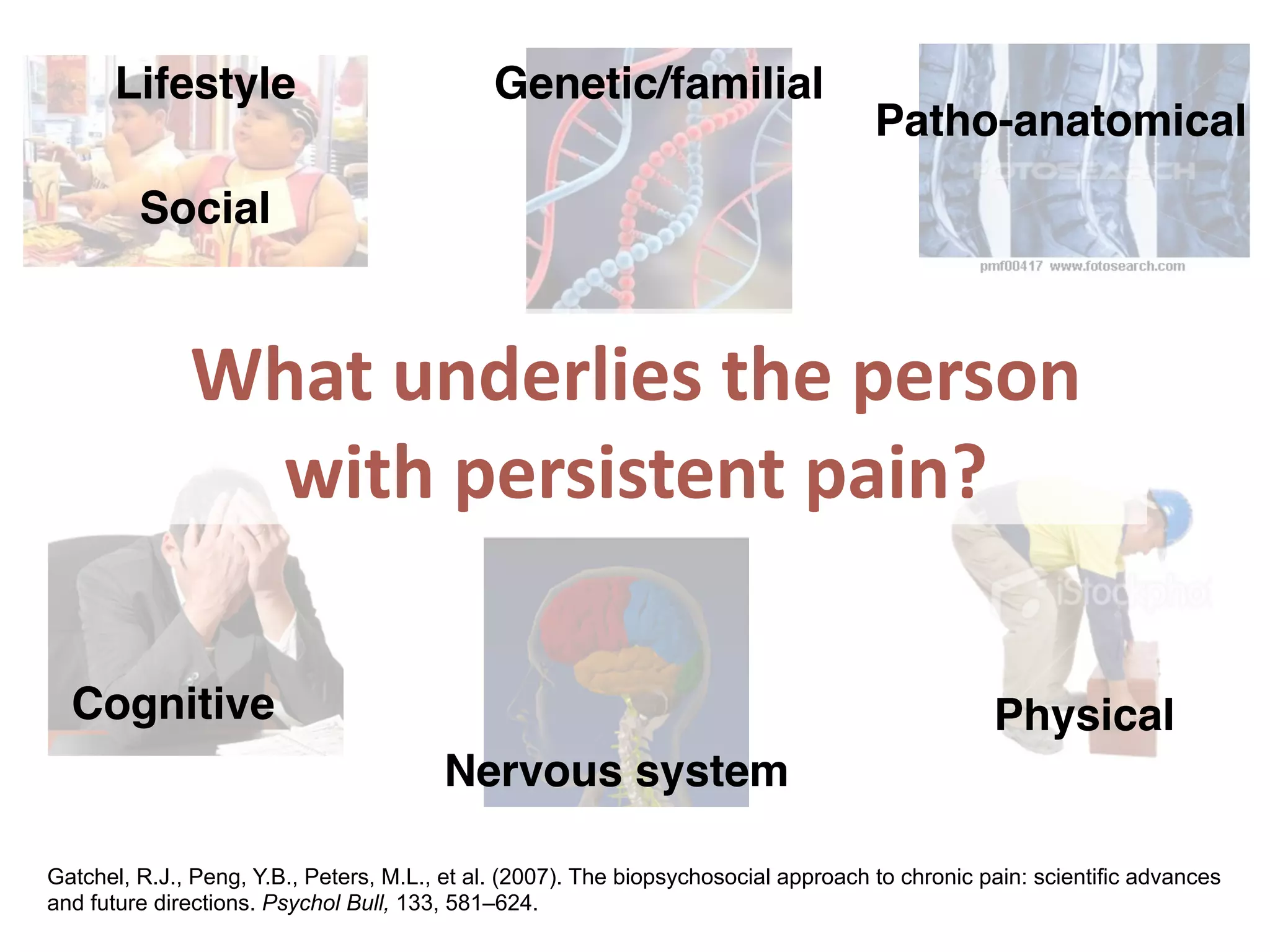 Lifestyle
Patho-anatomical
Physical
Nervous system
Cognitive
Genetic/familial
Social
Gatchel, R.J., Peng, Y.B., Peters, M.L., et al. (2007). The biopsychosocial approach to chronic pain: scientific advances
and future directions. Psychol Bull, 133, 581–624.
What	
  underlies	
  the	
  person	
  	
  
with	
  persistent	
  pain?
 