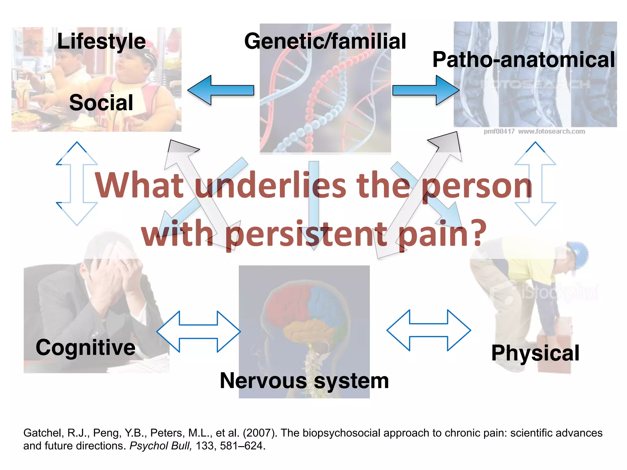 Lifestyle
Patho-anatomical
Physical
Nervous system
Cognitive
Genetic/familial
Social
Gatchel, R.J., Peng, Y.B., Peters, M.L., et al. (2007). The biopsychosocial approach to chronic pain: scientific advances
and future directions. Psychol Bull, 133, 581–624.
What	
  underlies	
  the	
  person	
  	
  
with	
  persistent	
  pain?
 