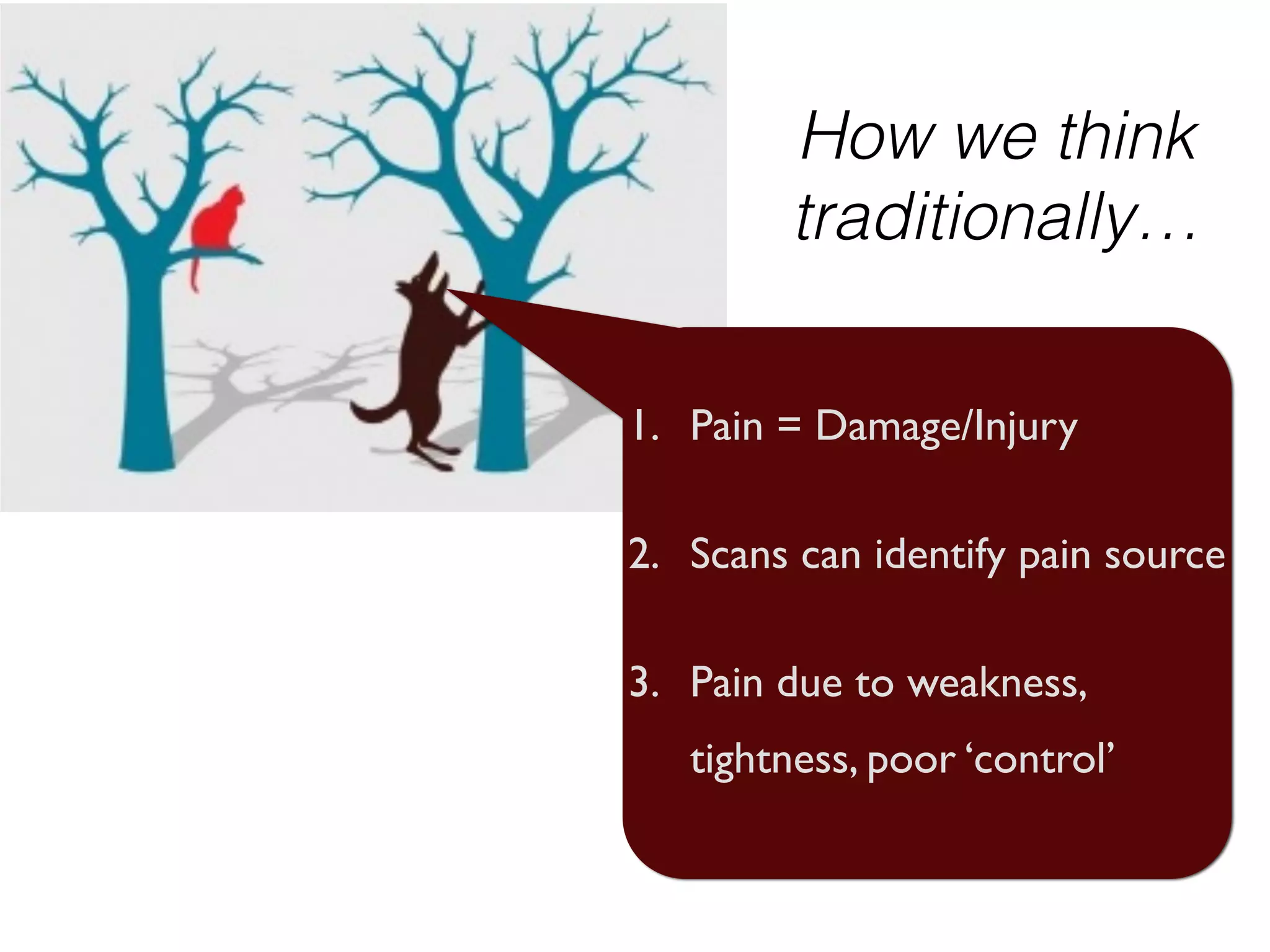 How we think
traditionally…
1. Pain = Damage/Injury	

2. Scans can identify pain source	

3. Pain due to weakness,
tightness, poor ‘control’
 
