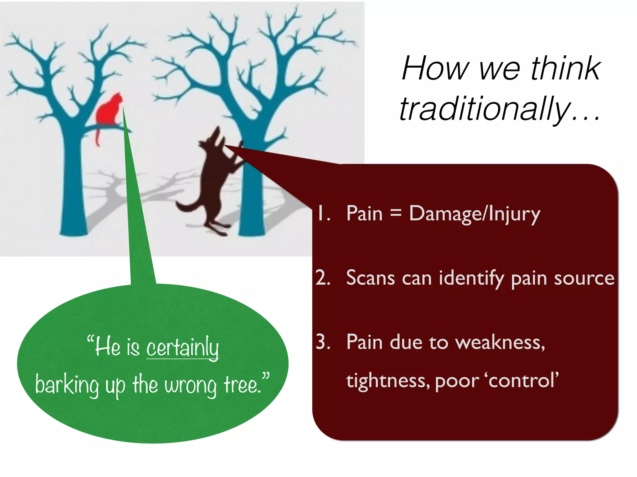 How we think
traditionally…
“He is certainly
barking up the wrong tree.”
1. Pain = Damage/Injury	

2. Scans can identify pain source	

3. Pain due to weakness,
tightness, poor ‘control’
 