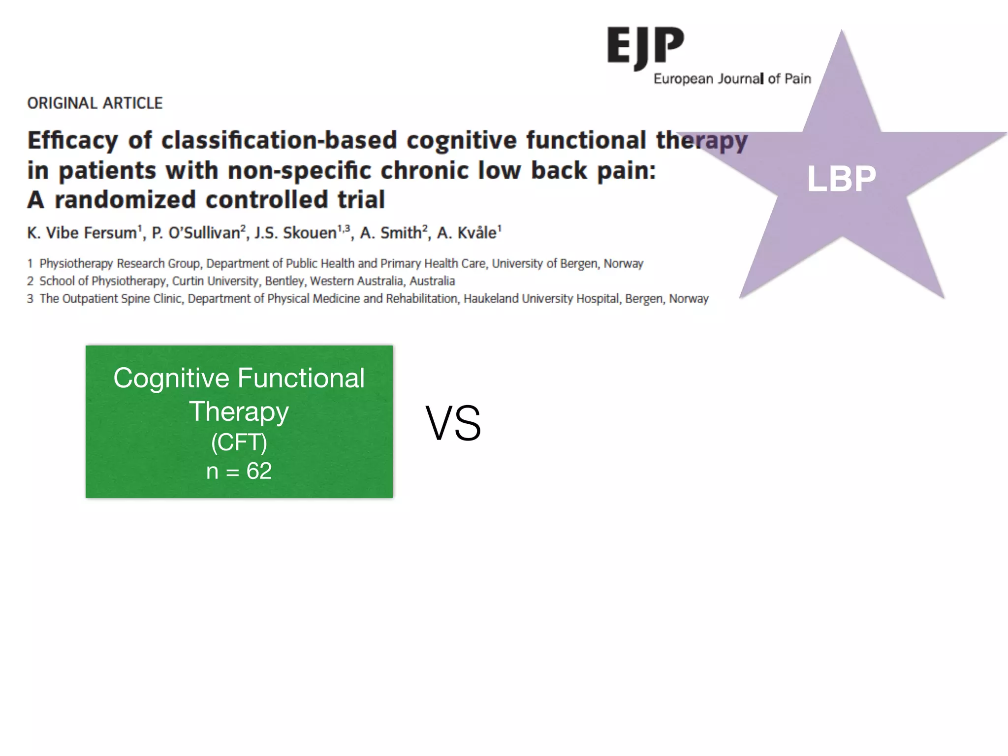 LBP
Cognitive Functional
Therapy

(CFT)

n = 62
VS
 