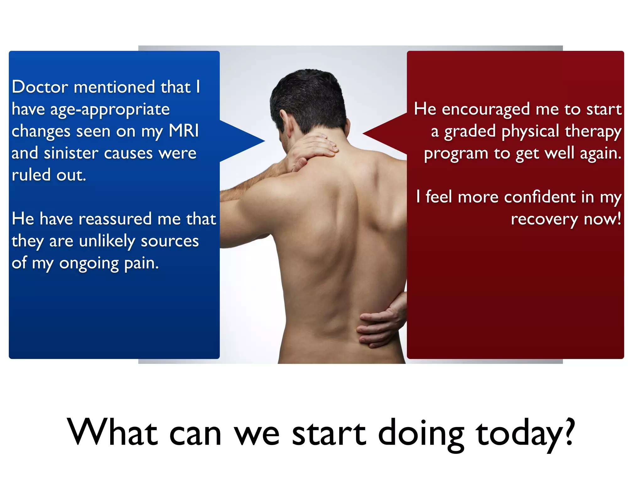 What can we start doing today?
!
Doctor mentioned that I
have age-appropriate
changes seen on my MRI
and sinister causes were
ruled out.	

!
He have reassured me that
they are unlikely sources
of my ongoing pain.	

!
!
!
He encouraged me to start
a graded physical therapy
program to get well again.	

!
I feel more conﬁdent in my
recovery now!	

!
!
 
