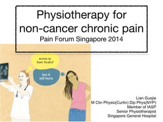 Physiotherapy for 

non-cancer chronic pain

Pain Forum Singapore 2014

Lian Guojie
M Clin Physio(Curtin) Dip Phys(NYP)
Member of IASP
Senior Physiotherapist
Singapore General Hospital
 