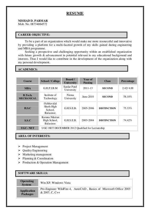 Resume For Btech Students Resume For Btech Students