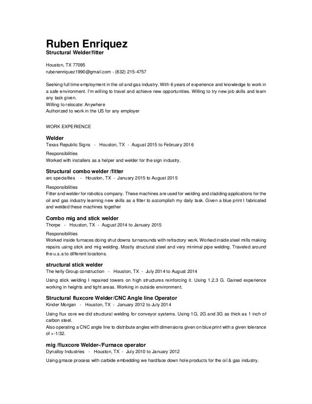 feb 2016 resume structural welder job description