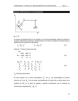 ESTABILIDAD III – CAPITULO IV: ANALISIS MATRICIAL DE ESTRUCTURAS Pág. 31 
RT no se altera la igualdad y además considerando que en sistemas de 
31 
Apoyos deslizantes no concordantes 
Fig. nº 19 
Si el plano de desplazamiento no es paralelo a uno de los ejes globales, debemos modificar la 
ecuación matricial de la estructura, transformando en el nodo en cuestión los vectores fuerza y 
desplazamiento al sistema de ejes global. 
L 
δ = R .δ F = R .F (71) 
~ 1 ~ 1 ~ 1 
L 
~ 1 ~ 1 ~ 1 
dónde el “1” indica el número de nodo. 
Con 
cos β sen β 
0 
R − β β 
sen cos 0 
= (72) 
0 0 1 
δ 
~ 2 
δ 
~ 3 
~ 4 
L 
~ 1 ~ 1 
S S 0 0 
~ 11 ~ 12 ~ ~ 
S S S 0 
~ 21 ~ 22 ~ 23 ~ 
0 S S S 
~ ~ 32 ~ 33 ~ 34 
~ ~ ~ 43 ~ 44 
R .F 
F 
~ 2 
F 
~ 3 
~ 4 
L 
~ 1 ~ 1 
R . 
. 
0 0 S S 
F 
δ 
δ 
= (73) 
ij ~ S 
=3x3 para pórtico plano 
En esta ecuación es lo mismo premultiplicar L 
1 ~ δ 
por 
1 ~ R 
que postmultiplicar la primera 
columna de 
~ S 
por 
1 ~ R 
. Por otra parte, premultiplicando la primera fila a ambos lados de la 
igualdad por 
~ 1 
coordenadas ortogonales 
RT .R = I 
~ 1 ~ 1 ~ 
 