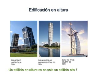 Edificación en altura
TURNING TORSO
(MALMÖ -SUECIA) ‘05
190m
BURJ AL ARAB
(DUBAI) ‘99
321m
TORRES KIO
(MADRID) ‘96
114m
Un edificio en altura no es solo un edificio alto !
 