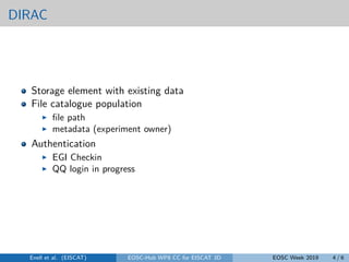 DIRAC
Storage element with existing data
File catalogue population
ﬁle path
metadata (experiment owner)
Authentication
EGI...