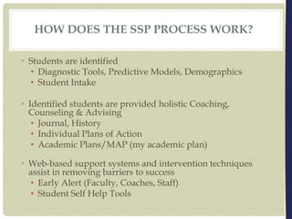 HOW DOES THE SSP PROCESS WORK?
• Students are identified
• Diagnostic Tools, Predictive Models, Demographics
• Student Intake
• Identified students are provided holistic Coaching,
Counseling & Advising
• Journal, History
• Individual Plans of Action
• Academic Plans/MAP (my academic plan)
• Web-based support systems and intervention techniques
assist in removing barriers to success
• Early Alert (Faculty, Coaches, Staff)
• Student Self Help Tools
 