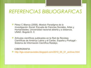 REFERENCIAS BIBLIOGRAFICAS
 Pérez C Blanca (2008); Modulo Paradigma de la
Investigación Social; Escuela de Ciencias Sociales, Artes y
Humanidades; Universidad nacional abierta y a distancia,
UNAD. Bogotá D. C
 Artículos científicos publicados en la Red de Revistas
Científicas de América Latina y el Caribe, España y Portugal -
Sistema de Información Científica Redalyc.
CIBERGRAFIA
 http://tgs-cesarcaviedes.blogspot.com/2010_05_01_archive.html
 