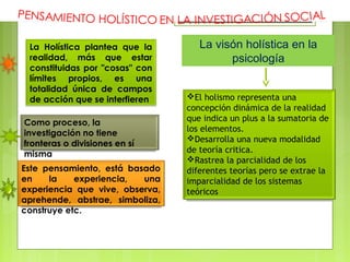 La Holística plantea que la
realidad, más que estar
constituidas por "cosas" con
límites propios, es una
totalidad única de campos
de acción que se interfieren
Como proceso, la
investigación no tiene
fronteras o divisiones en sí
misma
Este pensamiento, está basado
en la experiencia, una
experiencia que vive, observa,
aprehende, abstrae, simboliza,
construye etc.
La visón holística en la
psicología
El holismo representa una
concepción dinámica de la realidad
que indica un plus a la sumatoria de
los elementos.
Desarrolla una nueva modalidad
de teoría critica.
Rastrea la parcialidad de los
diferentes teorías pero se extrae la
imparcialidad de los sistemas
teóricos
 