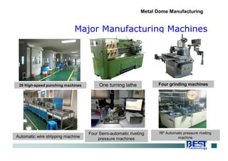 Major Manufacturing Machines
Metal Dome Manufacturing
20 High-speed punching machines One turning lathe
Automatic wire stripping machine
Four Semi-automatic riveting
pressure machines
RF Automatic pressure riveting
machine
Four grinding machines
 