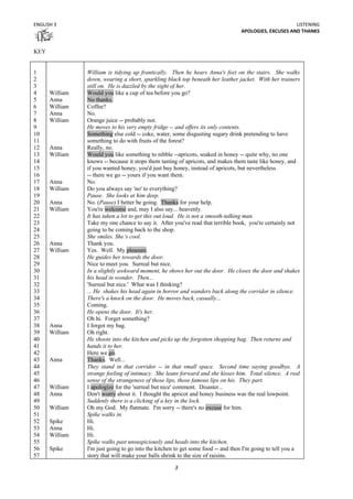 ENGLISH 3                                                                                             LISTENING
                                                                                 APOLOGIES, EXCUSES AND THANKS


KEY


1               William is tidying up frantically. Then he hears Anna's feet on the stairs. She walks
2               down, wearing a short, sparkling black top beneath her leather jacket. With her trainers
3               still on. He is dazzled by the sight of her.
4     William   Would you like a cup of tea before you go?
5     Anna      No thanks.
6     William   Coffee?
7     Anna      No.
8     William   Orange juice -- probably not.
9               He moves to his very empty fridge -- and offers its only contents.
10              Something else cold -- coke, water, some disgusting sugary drink pretending to have
11              something to do with fruits of the forest?
12    Anna      Really, no.
13    William   Would you like something to nibble --apricots, soaked in honey -- quite why, no one
14              knows -- because it stops them tasting of apricots, and makes them taste like honey, and
15              if you wanted honey, you'd just buy honey, instead of apricots, but nevertheless
16              -- there we go -- yours if you want them.
17    Anna      No.
18    William   Do you always say 'no' to everything?
19              Pause. She looks at him deep.
20    Anna      No. (Pause) I better be going. Thanks for your help.
21    William   You're welcome and, may I also say... heavenly.
22              It has taken a lot to get this out loud. He is not a smooth-talking man.
23              Take my one chance to say it. After you've read that terrible book, you're certainly not
24              going to be coming back to the shop.
25              She smiles. She’s cool.
26    Anna      Thank you.
27    William   Yes. Well. My pleasure.
28              He guides her towards the door.
29              Nice to meet you. Surreal but nice.
30              In a slightly awkward moment, he shows her out the door. He closes the door and shakes
31              his head in wonder. Then...
32              'Surreal but nice.' What was I thinking?
33              ... He shakes his head again in horror and wanders back along the corridor in silence.
34              There's a knock on the door. He moves back, casually...
35              Coming.
36              He opens the door. It's her.
37              Oh hi. Forget something?
38    Anna      I forgot my bag.
39    William   Oh right.
40              He shoots into the kitchen and picks up the forgotten shopping bag. Then returns and
41              hands it to her.
42              Here we go.
43    Anna      Thanks. Well...
44              They stand in that corridor -- in that small space. Second time saying goodbye. A
45              strange feeling of intimacy. She leans forward and she kisses him. Total silence. A real
46              sense of the strangeness of those lips, those famous lips on his. They part.
47    William   I apologize for the 'surreal but nice' comment. Disaster...
48    Anna      Don't worry about it. I thought the apricot and honey business was the real lowpoint.
49              Suddenly there is a clicking of a key in the lock.
50    William   Oh my God. My flatmate. I'm sorry -- there's no excuse for him.
51              Spike walks in.
52    Spike     Hi.
53    Anna      Hi.
54    William   Hi.
55              Spike walks past unsuspiciously and heads into the kitchen.
56    Spike     I'm just going to go into the kitchen to get some food -- and then I'm going to tell you a
57              story that will make your balls shrink to the size of raisins.

                                                     3
 