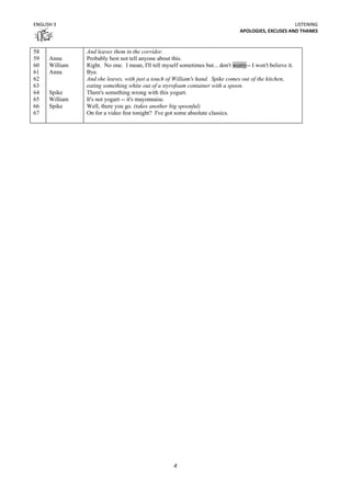 ENGLISH 3                                                                                              LISTENING
                                                                                  APOLOGIES, EXCUSES AND THANKS


58              And leaves them in the corridor.
59    Anna      Probably best not tell anyone about this.
60    William   Right. No one. I mean, I'll tell myself sometimes but... don't worry-- I won't believe it.
61    Anna      Bye.
62              And she leaves, with just a touch of William's hand. Spike comes out of the kitchen,
63              eating something white out of a styrofoam container with a spoon.
64    Spike     There's something wrong with this yogurt.
65    William   It's not yogurt -- it's mayonnaise.
66    Spike     Well, there you go. (takes another big spoonful)
67              On for a video fest tonight? I've got some absolute classics.




                                                      4
 