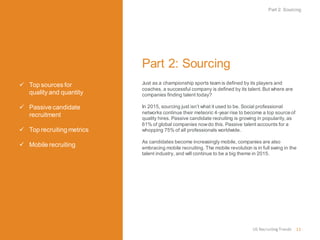 Top sources for quality and quantity 
Passive candidate recruitment 
Top recruiting metrics 
Mobile recruiting 
US Recruiting Trends 
11 
Part 2: Sourcing 
Just as a championship sports team is defined by its players and coaches, a successful company is defined by its talent. But where are companies finding talent today? 
In 2015, sourcing just isn’t what it used to be. Social professional networks continue their meteoric 4-year rise to become a top source of quality hires. Passive candidate recruiting is growing in popularity, as 61% of global companies now do this. Passive talent accounts for a whopping 75% of all professionals worldwide. 
As candidates become increasingly mobile, companies are also embracing mobile recruiting. The mobile revolution is in full swing in the talent industry, and will continue to be a big theme in 2015. 
Part 2: Sourcing  