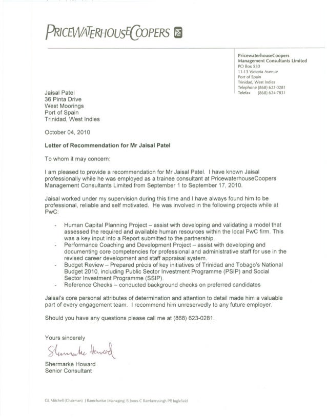 PriceWaterhouseCoopers Reference Letter