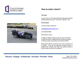 May 17 & 18 2017
Cheltenham Racecourse
Discuss - Engage - Collaborate - Innovate - Promote - Grow
The Cost
A team entry for the Gloucestershire Business Games
Pedal powered race 2017 will cost £1,500.00 + VAT
The Process
To enter a team contact us
racing@business-shows.co.uk
Or 01242 807689
We’ll need to know:
 Will you design, build and race as your own team?
 Will you want to collaborate with another business?
 Will you want to purchase a pre-raced vehicle?
Race teams will be a minimum of 2 and a maximum of
6 people. They will be allocated covered space to
prepare their vehicles and they must adhere strictly to
all race rules and terms & conditions.
How to enter a team?
 