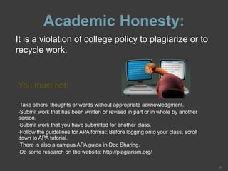 Academic Honesty:
You must not:
•Take others’ thoughts or words without appropriate acknowledgment.
•Submit work that has been written or revised in part or in whole by another
person.
•Submit work that you have submitted for another class.
•Follow the guidelines for APA format: Before logging onto your class, scroll
down to APA tutorial.
•There is also a campus APA guide in Doc Sharing.
•Do some research on the website: http://plagiarism.org/
10
It is a violation of college policy to plagiarize or to
recycle work.
 
