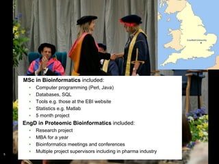 MSc in Bioinformatics included:
      •    Computer programming (Perl, Java)
      •    Databases, SQL
      •    Tools e.g. those at the EBI website
      •    Statistics e.g. Matlab
      •    5 month project
    EngD in Proteomic Bioinformatics included:
      •    Research project!
      •    MBA for a year
      •    Bioinformatics meetings and conferences
5
      •    Multiple project supervisors including in pharma industry
 