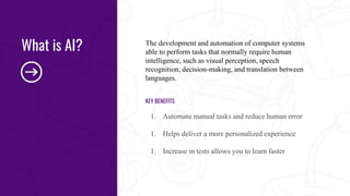 The development and automation of computer systems
able to perform tasks that normally require human
intelligence, such as visual perception, speech
recognition, decision-making, and translation between
languages.
KEY BENEFITS
1. Automate manual tasks and reduce human error
1. Helps deliver a more personalized experience
1. Increase in tests allows you to learn faster
What is AI?
 