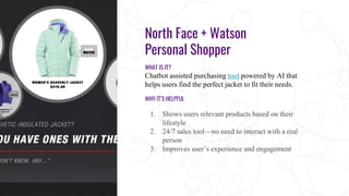 North Face + Watson
Personal Shopper
WHAT IS IT?
Chatbot assisted purchasing tool powered by AI that
helps users find the perfect jacket to fit their needs.
WHY IT’S HELPFUL
1. Shows users relevant products based on their
lifestyle
2. 24/7 sales tool—no need to interact with a real
person
3. Improves user’s experience and engagement
 
