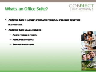 What’s an Office Suite? An Office Suite is a group of software programs, often used to support business uses. An Office Suite usually includes: A word processing program A spreadsheet program A presentation program 
