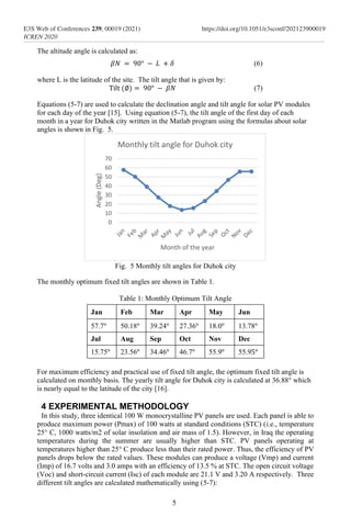 The altitude angle is calculated as:
𝛽𝑁⁡ = ⁡90°⁡ − ⁡𝐿⁡ + 𝛿 (6)
where L is the latitude of the site. The tilt angle that is given by:
Tilt⁡(∅) = ⁡90°⁡ − ⁡𝛽𝑁 (7)
Equations (5-7) are used to calculate the declination angle and tilt angle for solar PV modules
for each day of the year [15]. Using equation (5-7), the tilt angle of the first day of each
month in a year for Duhok city written in the Matlab program using the formulas about solar
angles is shown in Fig. 5.
Fig. 5 Monthly tilt angles for Duhok city
The monthly optimum fixed tilt angles are shown in Table 1.
Table 1: Monthly Optimum Tilt Angle
Jan Feb Mar Apr May Jun
57.7° 50.18° 39.24° 27.36° 18.0° 13.78°
Jul Aug Sep Oct Nov Dec
15.75° 23.56° 34.46° 46.7° 55.9° 55.95°
For maximum efficiency and practical use of fixed tilt angle, the optimum fixed tilt angle is
calculated on monthly basis. The yearly tilt angle for Duhok city is calculated at 36.88° which
is nearly equal to the latitude of the city [16].
4 EXPERIMENTAL METHODOLOGY
In this study, three identical 100 W monocrystalline PV panels are used. Each panel is able to
produce maximum power (Pmax) of 100 watts at standard conditions (STC) (i.e., temperature
25° C, 1000 watts/m2 of solar insolation and air mass of 1.5). However, in Iraq the operating
temperatures during the summer are usually higher than STC. PV panels operating at
temperatures higher than 25° C produce less than their rated power. Thus, the efficiency of PV
panels drops below the rated values. These modules can produce a voltage (Vmp) and current
(Imp) of 16.7 volts and 3.0 amps with an efficiency of 13.5 % at STC. The open circuit voltage
(Voc) and short-circuit current (Isc) of each module are 21.1 V and 3.20 A respectively. Three
different tilt angles are calculated mathematically using (5-7):
0
10
20
30
40
50
60
70
Angle
(Deg)
Month of the year
Monthly tilt angle for Duhok city
5
E3S Web of Conferences 239, 00019 (2021)
ICREN 2020
https://doi.org/10.1051/e3sconf/202123900019
 