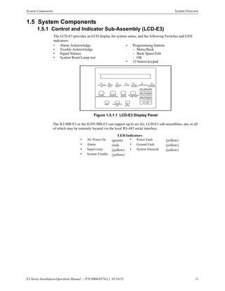 E3 Series Installation/Operation Manual — P/N 9000-0574:L1 03/14/12 11
System Components System Overview
1.5 System Components
1.5.1 Control and Indicator Sub-Assembly (LCD-E3)
Figure 1.5.1.1 LCD-E3 Display Panel
The ILI-MB-E3 or the ILI95-MB-E3 can support up to six (6), LCD-E3 sub-assemblies, any or all
of which may be remotely located via the local RS-485 serial interface.
The LCD-E3 provides an LCD display for system status, and the following Switches and LED
indicators:
• Alarm Acknowledge • Programming buttons
• Trouble Acknowledge – Menu/Back
• Signal Silence – Back Space/Edit
• System Reset/Lamp test – OK
• 12 button keypad
LED Indicators
• AC Power On (green) • Power Fault (yellow)
• Alarm (red) • Ground Fault (yellow)
• Supervisory (yellow) • System Silenced (yellow)
• System Trouble (yellow)
AC PO W ER
ON
PO W ER
FAULT
G ROUND
FAULT
ALARM SYSTEM
TRO UBLE
SUPERVISORY SYSTEM
SILENCED
M ENU
ABC
2
M NO
6
_.
-Q Z
1
DEF
3
G HI
4
JKL
5
PRS
7
TUV
8
W XY
9
< >
0
,
BACKSPACE/
EDIT
ALARM
ACKNOW LEDG E
TROUBLE
ACKNOW LEDGE
SIGNAL
SILENCE
SYSTEM RESET/
LAM P TEST
OK/
ENTER
 