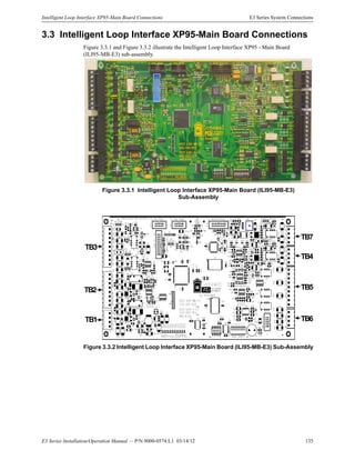 E3 Series Installation/Operation Manual — P/N 9000-0574:L1 03/14/12 135
Intelligent Loop Interface XP95-Main Board Connections E3 Series System Connections
3.3 Intelligent Loop Interface XP95-Main Board Connections
Figure 3.3.1 and Figure 3.3.2 illustrate the Intelligent Loop Interface XP95 - Main Board
(ILI95-MB-E3) sub-assembly.
Figure 3.3.1 Intelligent Loop Interface XP95-Main Board (ILI95-MB-E3)
Sub-Assembly
Figure 3.3.2 Intelligent Loop Interface XP95-Main Board (ILI95-MB-E3) Sub-Assembly
TB3
TB2
TB1
TB7
TB4
TB5
TB6
 
