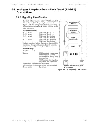 E3 Series Installation/Operation Manual — P/N 9000-0574:L1 03/14/12 139
Intelligent Loop Interface - Slave Board (ILI-S-E3) Connections E3 Series System Connections
INPUT/CONTROL
MODULE
SMOKE/HEAT
SENSOR
NCM-1
ILI-S-E3
B (-)
A (-) A (+)
B (+)
DOTTED LINES INDICATE CLASS A,
STYLE 6 WIRING.
B200S
SOUNDER BASE
3.4 Intelligent Loop Interface - Slave Board (ILI-S-E3)
Connections
3.4.1 Signaling Line Circuits
Figure 3.4.1.1 Signaling Line Circuits
The ILI-S-E3 provides two (2), 24 VDC Class A, Style
6, 7 or Class B, Style 4 signaling line circuits. See
Figure 3.4.1.1 for wiring information. Style 7 wiring
requires the use of an M500X Isolator Module, on both
sides of a device.
Wiring Instructions
SLC 1 Style 4 TB4-8 (+), TB4-7 ( - )
SLC 2 Style 4 TB4-4 (+), TB4-3 ( - )
SLC 1 Style 6 TB4-8 out, TB4-6 return
TB4-7 out, TB4-5 return
SLC-2 Style 6 TB4-4 out, TB4-4-2 return
TB4-3 out, TB4-1 return
(Polarity markings indicate the polarity that should be
maintained throughout the circuit. Polarity connected
to the circuit must be observed on all devices).
Circuit Ratings
24 VDC (nominal)
Current: 0.048 amp max. (supervisory)
0.136 amp max. (alarm)
0.100 amp max. Steady State
(short circuit)
40 Ohms max. line impedance
0.5 µf max. line capacitance
Ground fault test impedance: Zero ohms
Wiring: 18 AWG minimum, twisted-pair, unshielded
Power-limited Supervised
 