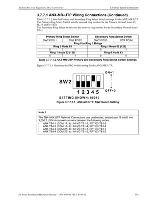 E3 Series Installation/Operation Manual — P/N 9000-0574:L1 03/14/12 155
Addressable Node Expander (ANX) Connections E3 Series System Connections
3.7.7.1 ANX-MR-UTP Wiring Connections (Continued)
Table 3.7.7.1.2 lists the Primary and Secondary Ring Select Switch settings for the ANX-MR-UTP.
The Primary Ring Select Switch sets the network ring number for the Primary Network (uses J2,
J4, J5, and/or TB2).
The Secondary Ring Select Switch sets the network ring number for the Secondary Network (uses
TB4).
Figure 3.7.7.1.1 illustrates the SW2 switch setting for the ANX-MR-UTP.
Figure 3.7.7.1.1 ANX-MR-UTP, SW2 Switch Setting
Primary Ring Select Switch Secondary Ring Select Switch
SW2 POS 1 SW2 POS2 SW2 POS3 SW2 POS4
Ring 0 to Ring 1 Bridge
Ring 0 Node 63 Ring 1 Node 62 (126)
0 0 0 1
Ring 1 Node 62 (126) Ring 0 Node 63
0 1 0 0
Table 3.7.7.1.2 ANX-MR-UTP Primary and Secondary Ring Select Switch Settings
Note 1:
The TB4-ANX UTP Network Connections use unshielded, twisted-pair 18 AWG min.
3,000 ft. (914.4m) maximum wire between the following nodes:
• ANX TB4-1 (COM 1A) to: INI-VG TB1-3, RPT-E3 TB1-3
• ANX TB4-2 (COM 1B) to: INI-VG TB1-4, RPT-E3 TB1-4
• ANX TB4-3 (COM 2A) to: INI-VG TB1-1, RPT-E3 TB1-1
• ANX TB4-4 (COM 2B) to: INI-VG TB1-2, RPT-E3 TB1-2
SW2
1 2 3 4 5
SETTING SHOWN: 00010
ON=1
OFF=0
 
