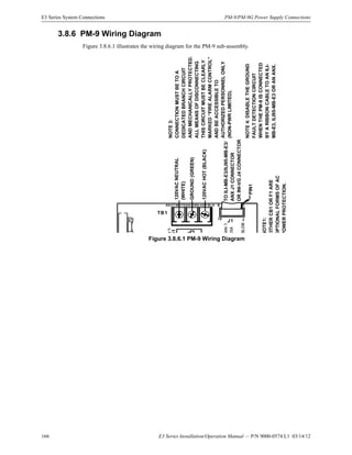 166 E3 Series Installation/Operation Manual — P/N 9000-0574:L1 03/14/12
E3 Series System Connections PM-9/PM-9G Power Supply Connections
3.8.6 PM-9 Wiring Diagram
Figure 3.8.6.1 illustrates the wiring diagram for the PM-9 sub-assembly.
Figure 3.8.6.1 PM-9 Wiring Diagram
J1
1
2
9
10
TB1
HOT/BLKGND/GRNNEUT/WHT
Q1
120VACNEUTRAL
(WHITE)
NOTE4:DISABLETHEGROUND
FAULTDETECTIONCIRCUIT
WHENTHEPM-9ISCONNECTED
BYARIBBONCABLETOANILI-
MB-E3,ILI95-MB-E3ORANANX.
GROUND(GREEN)
120VACHOT(BLACK)
TOILI-MB-E3/ILI95-MB-E3/
ANXJ1CONNECTOR
ORINI-VGJ4CONNECTOR
PIN1
NOTE3:
CONNECTIONMUSTBETOA
DEDICATEDBRANCHCIRCUIT
ANDMECHANICALLYPROTECTED.
ALLMEANSOFDISCONNECTING
THISCIRCUITMUSTBECLEARLY
MARKED“FIREALARMCONTROL”
ANDBEACCESSIBLETO
AUTHORIZEDPERSONNELONLY
(NON-PWRLIMITED).
Note1:
25A
BLOW
NOTE1:
EITHERCB1ORF1ARE
OPTIONALFORMSOFAC
POWERPROTECTION.
e1:
B1
B
 