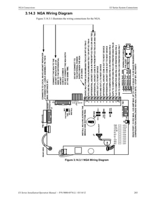 E3 Series Installation/Operation Manual — P/N 9000-0574:L1 03/14/12 203
NGA Connections E3 Series System Connections
3.14.3 NGA Wiring Diagram
Figure 3.14.3.1 illustrates the wiring connections for the NGA.
Figure 3.14.3.1 NGA Wiring Diagram
SUPVTOCOMPUTERDB9PIN9ORPRINTERDB25PIN20
RxDTOCOMPUTERDB9PIN3ORPRINTERDB25PIN2
TxDTOCOMPUTERDB9PIN2ORPRINTERDB25PIN3
GNDTOCOMPUTERDB9PIN5ORPRINTERDB25PIN7
RS232TxD
RS232Gnd
RS232Supv
RS232RxD
129 1011
RED
BLK
GRN
RS232PORT:15VDCMAX.,0.05AMPMAX.UPTO115.2KBAUD.115.2KBAUDREQUIREDFOR
CONFIGURATIONDOWNLOADSVIANGA,8DATABITS,1STOPBIT,NOPARITY
PIN1REARVIEW
24VDCIN(+)FROMILI/ILI95-MB/ANXTB3-6ORRPT-E3TB4-3
SYSGNDIN(-)FROMILI/ILI95-MB/ANXTB3-7ORRPT-E3TB4-4
DIFFERENTIALARCNETCOMAINFROMRPT-E3TB3-3ORANXTB2-3
DIFFERENTIALARCNETCOMBINFROMRPT-E3TB3-4ORANXTB2-4
DIFFERENTIALARCNETCOMBOUTTONEXTDEVICE
DIFFERENTIALARCNETCOMAOUTTONEXTDEVICE
24VDCOUT(+)TONEXTDEVICE
SYSGNDOUT(-)TONEXTDEVICE
J2
LOCALRS485
2 3 5 6 7 8 941
TB1
11 1210
J6
RS485
W4TERM
ARCNET
W3W2
BSEL0BSEL1
W1
TO OVERLAY
J1
W5TERM
CONNECTSTOLOCALINI-VGARCNETREPEATER
J7CONNECTOR–CABLEASSEMBLYPN75618
(MAX.DISTANCE36")
CONNECTTHENGATOTHE
ARCNETREPEATERJ4OR
WIRETOTHEDIFFERENTIAL
ARCNET
COMA&COMBB
DONOTCONNECTTHENGABOTH
ATTHESAMETIME.
INSTALLW2&W3ACROSSTHE
MIDDLEANDBOTTOMPINS.
ARCNET
REPEATER
J4
J3
TAG
FACTORY
USE
DONOT
INSTALL
DONOTCONNECTTO
THEEXTERNALPOWER
SUPPLYWHENTHENGA
J4ISUSED.
DOWNLOADCABLE
P/N75267
BACKLIGHT
J7
+
LED11
LED10
LED9
LED8
LED7
LED6
LED5
LED4
LED3
LED2
LED1
PWR
TRBL
SUPV
ALRM
DG
RST
RX
TX
DUP
MRC
REC
 