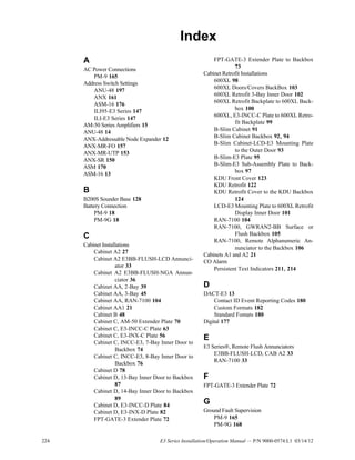 224 E3 Series Installation/Operation Manual — P/N 9000-0574:L1 03/14/12
Index
A
AC Power Connections
PM-9 165
Address Switch Settings
ANU-48 197
ANX 161
ASM-16 176
ILI95-E3 Series 147
ILI-E3 Series 147
AM-50 Series Amplifiers 15
ANU-48 14
ANX-Addressable Node Expander 12
ANX-MR-FO 157
ANX-MR-UTP 153
ANX-SR 150
ASM 170
ASM-16 13
B
B200S Sounder Base 128
Battery Connection
PM-9 18
PM-9G 18
C
Cabinet Installations
Cabinet A2 27
Cabinet A2 E3BB-FLUSH-LCD Annunci-
ator 33
Cabinet A2 E3BB-FLUSH-NGA Annun-
ciator 36
Cabinet AA, 2-Bay 39
Cabinet AA, 3-Bay 45
Cabinet AA, RAN-7100 104
Cabinet AA1 21
Cabinet B 48
Cabinet C, AM-50 Extender Plate 70
Cabinet C, E3-INCC-C Plate 63
Cabinet C, E3-INX-C Plate 56
Cabinet C, INCC-E3, 7-Bay Inner Door to
Backbox 74
Cabinet C, INCC-E3, 8-Bay Inner Door to
Backbox 76
Cabinet D 78
Cabinet D, 13-Bay Inner Door to Backbox
87
Cabinet D, 14-Bay Inner Door to Backbox
89
Cabinet D, E3-INCC-D Plate 84
Cabinet D, E3-INX-D Plate 82
FPT-GATE-3 Extender Plate 72
FPT-GATE-3 Extender Plate to Backbox
73
Cabinet Retrofit Installations
600XL 98
600XL Doors/Covers BackBox 103
600XL Retrofit 3-Bay Inner Door 102
600XL Retrofit Backplate to 600XL Back-
box 100
600XL, E3-INCC-C Plate to 600XL Retro-
fit Backplate 99
B-Slim Cabinet 91
B-Slim Cabinet Backbox 92, 94
B-Slim Cabinet-LCD-E3 Mounting Plate
to the Outer Door 93
B-Slim-E3 Plate 95
B-Slim-E3 Sub-Assembly Plate to Back-
box 97
KDU Front Cover 123
KDU Retrofit 122
KDU Retrofit Cover to the KDU Backbox
124
LCD-E3 Mounting Plate to 600XL Retrofit
Display Inner Door 101
RAN-7100 104
RAN-7100, GWRAN2-BB Surface or
Flush Backbox 105
RAN-7100, Remote Alphanumeric An-
nunciator to the Backbox 106
Cabinets A1 and A2 21
CO Alarm
Persistent Text Indicators 211, 214
D
DACT-E3 13
Contact ID Event Reporting Codes 180
Custom Formats 182
Standard Fomats 180
Digital 177
E
E3 Series®, Remote Flush Annunciators
E3BB-FLUSH-LCD, CAB A2 33
RAN-7100 33
F
FPT-GATE-3 Extender Plate 72
G
Ground Fault Supervision
PM-9 165
PM-9G 168
 