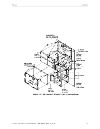 E3 Series Installation/Operation Manual — P/N 9000-0574:L1 03/14/12 61
Cabinets Installation
Figure 2.5.7.4.2 Cabinet C, E3-INX-C Plate (Exploded View)
CABINET C,
E3-INX-C PLATE
2
2
ILI-MB-E3/
ILI95-MB-E3/
ANX
DACT-E3
RPT-E3
PM-9/PM-9G
AM-50SERIES
INI-VGSERIES
PM-9/PM-9G
ADAPTER PLATE
5
5
SCREW,
#4-40 x ¼”
12 PLACES
5
4
SCREW,
#4-40 x ¼”
8 PLACES
ILI-MB-E3/
ILI95-MB-E3/ANX
STANDOFF,
3/16" HEX
#4-40 x 1”
8 PLACES
STANDOFF,
¼” HEX
#4-40 x 2 1/4"
6 PLACES
PM-9/PM-9G
AM-50 SERIES
STANDOFF,
3/16" HEX
#4-40 x 1 ¼”
8 PLACES MAX.
SCREW,
#4-40 x ¼”
8 PLACES
1
3
4
4
4
4
44
6
7
7
6
7
AM-50SERIES
AM-50SERIES
 