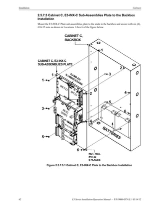 62 E3 Series Installation/Operation Manual — P/N 9000-0574:L1 03/14/12
Installation Cabinets
2.5.7.5 Cabinet C, E3-INX-C Sub-Assemblies Plate to the Backbox
Installation
Mount the E3-INX-C Plate sub-assemblies plate to the studs in the backbox and secure with six (6),
#10-32 nuts as shown in Locations 1 thru 6 of the figure below.
Figure 2.5.7.5.1 Cabinet C, E3-INX-C Plate to the Backbox Installation
CABINET C,
BACKBOX
CABINET C, E3-INX-C
SUB-ASSEMBLIES PLATE
1
1
1
3
3
2 4
BATTERIES
NUT, HEX,
#10-32
6 PLACES
6
5
2
4
DACT-E3
RPT-E3
INI-VGSERIES
AM-50 SERIES
AM-50 SERIES
ILI-MB-E3/
ILI-MB95-E3/ANX
5
6
 