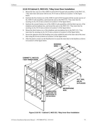 E3 Series Installation/Operation Manual — P/N 9000-0574:L1 03/14/12 75
Cabinets Installation
2.5.8.10 Cabinet C, INCC-E3, 7-Bay Inner Door Installation
1. Mount the first, top row of the ASM-16 and LCD-E3 keypad sub-assemblies to the INCC-E3,
7-bay inner door and secure with six (6), #6-32 nuts as shown in Location 1 of the figure
below.
2. Interlock the first, bottom row of the ASM-16 and LCD-E3 keypad with the second, top row of
the ASM-16 sub-assemblies, and mount the units to the INCC-E3, 7-bay inner door by
securing six (6), #6-32 nuts as shown in Location 2 of the figure below.
3. Interlock the second, bottom row of the ASM-16 sub-assemblies with the third, top row of the
telephone and microphone box, and mount the units to the INCC-E3, 7-bay inner door by
securing six (6), #6-32 nuts as shown in Location 3 of the figure below.
4. Mount the third, bottom row of the telephone and microphone box to the INCC-E3, 7-bay
inner door by securing six (6), #6-32 nuts as shown in Location 4 of the figure below.
5. Secure the opposite end of the bonding wire to the welded #6 stud on the inner side of the inner
door using the #6 nut as shown in Location 5 of the figure below.
6. After the panel is wired, use the thumbscrews to secure the inner door to the backbox as shown
in Location 6 of the figure below.
Figure 2.5.8.10.1 Cabinet C, INCC-E3, 7-Bay Inner Door Installation
LCD-E3KEYPAD
ASM-16
4 PLACES
MAX.
TELEPHONE BOX
MICROPHONE
BOX
CABINET C, INCC-E3,
7-BAY INNER DOOR
1
1
2
2
4
4
3
3
4
1
2
3
NUT, HEX,
(#6-32)
24 PLACES
BONDING
WIRE
THUMBSCREWS
TO SECURE THE
INNER DOOR TO
THE BACKBOX
5
5
6
6
 